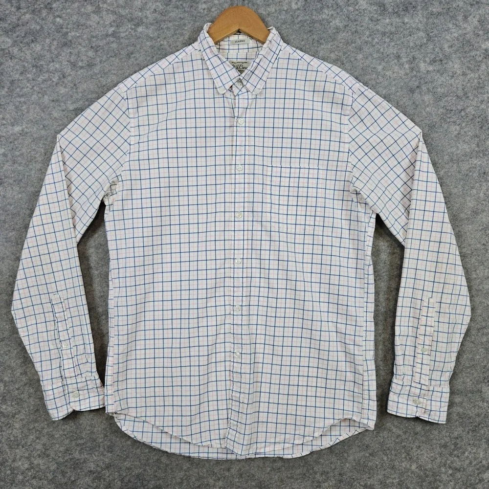 J Crew Men's White Windowpane Size M Secret Wash Shirting Preppy Spring SPOTS